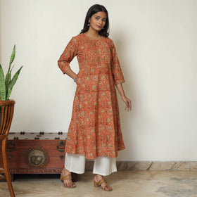Orange - Pedana Kalamkari Hand Block Printed Cotton Pintuck A-Line Kurta 53