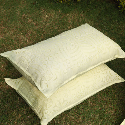 White - Barmer Applique Cut Work Cotton Double Bed Cover with Pillow Covers (108 x 90 in)