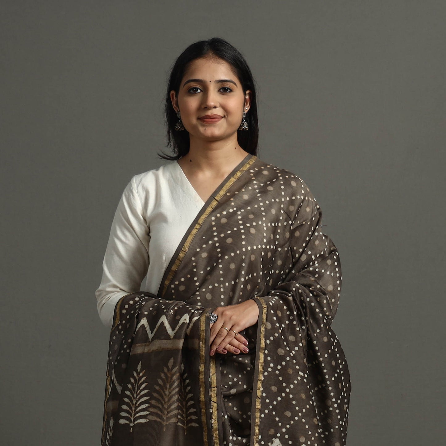 Brown - Block Printed Chanderi Silk Bagru Dupatta 40