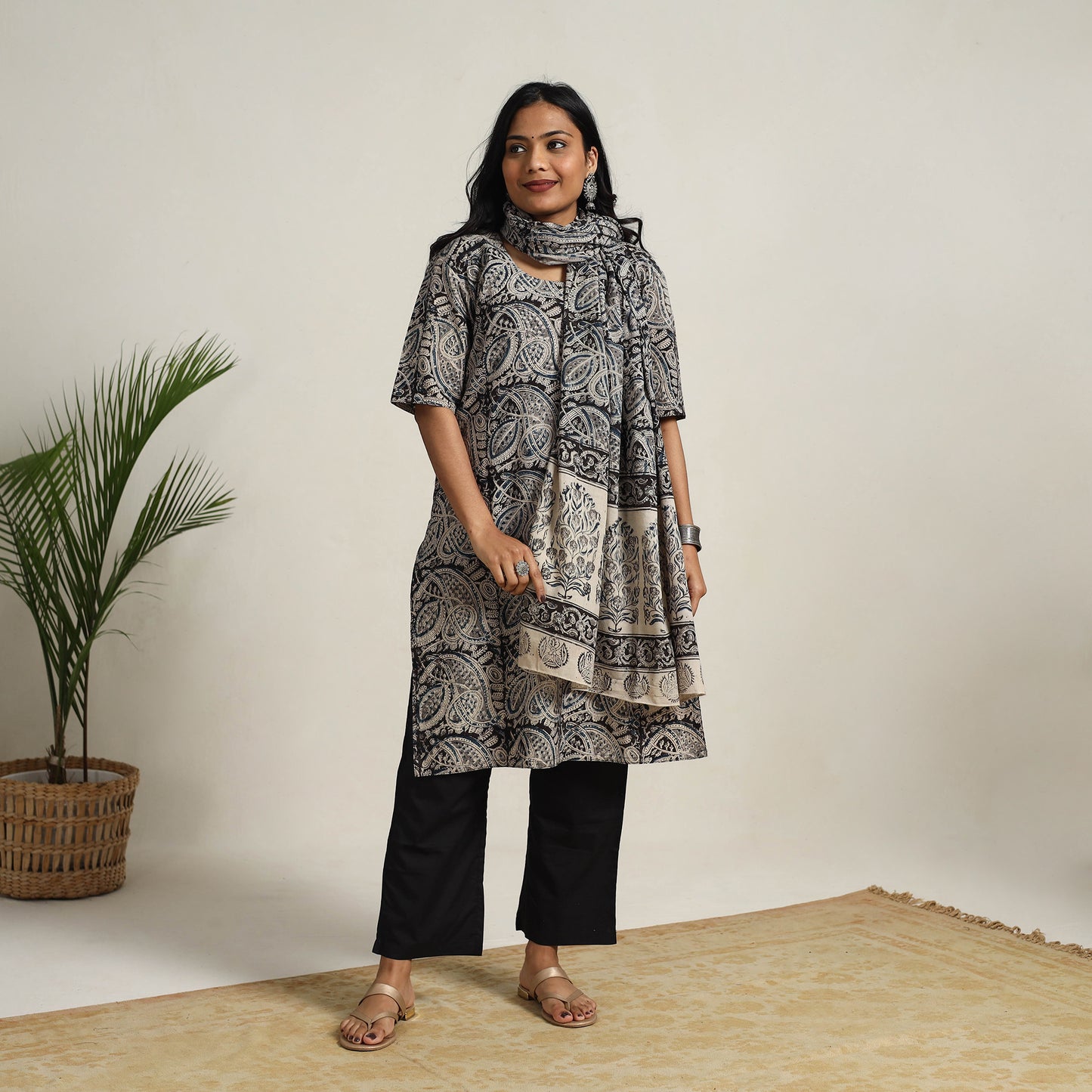 Black - Block Printed Cotton Kalamkari Kurta Set 15