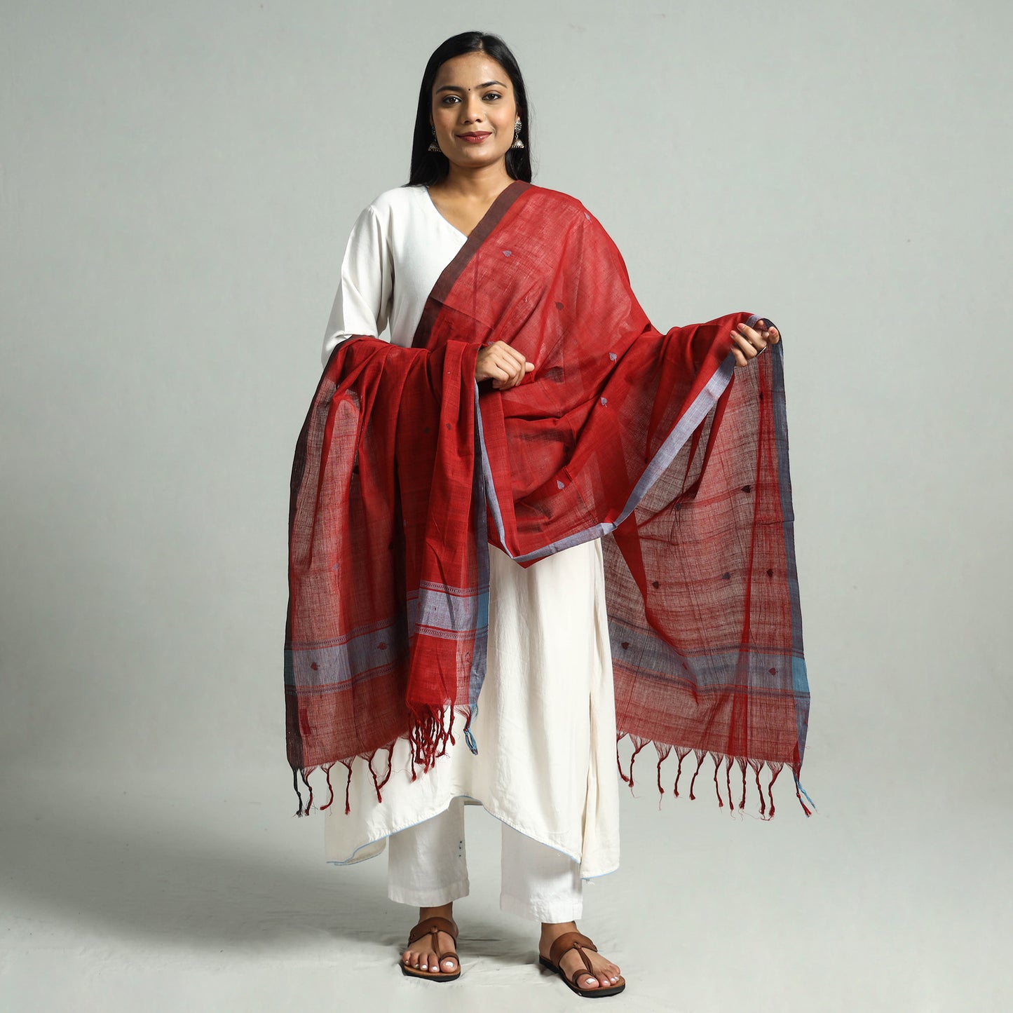 Red - Godavari Jamdani Buti Handloom Handspun Cotton Dupatta with Tassels 17