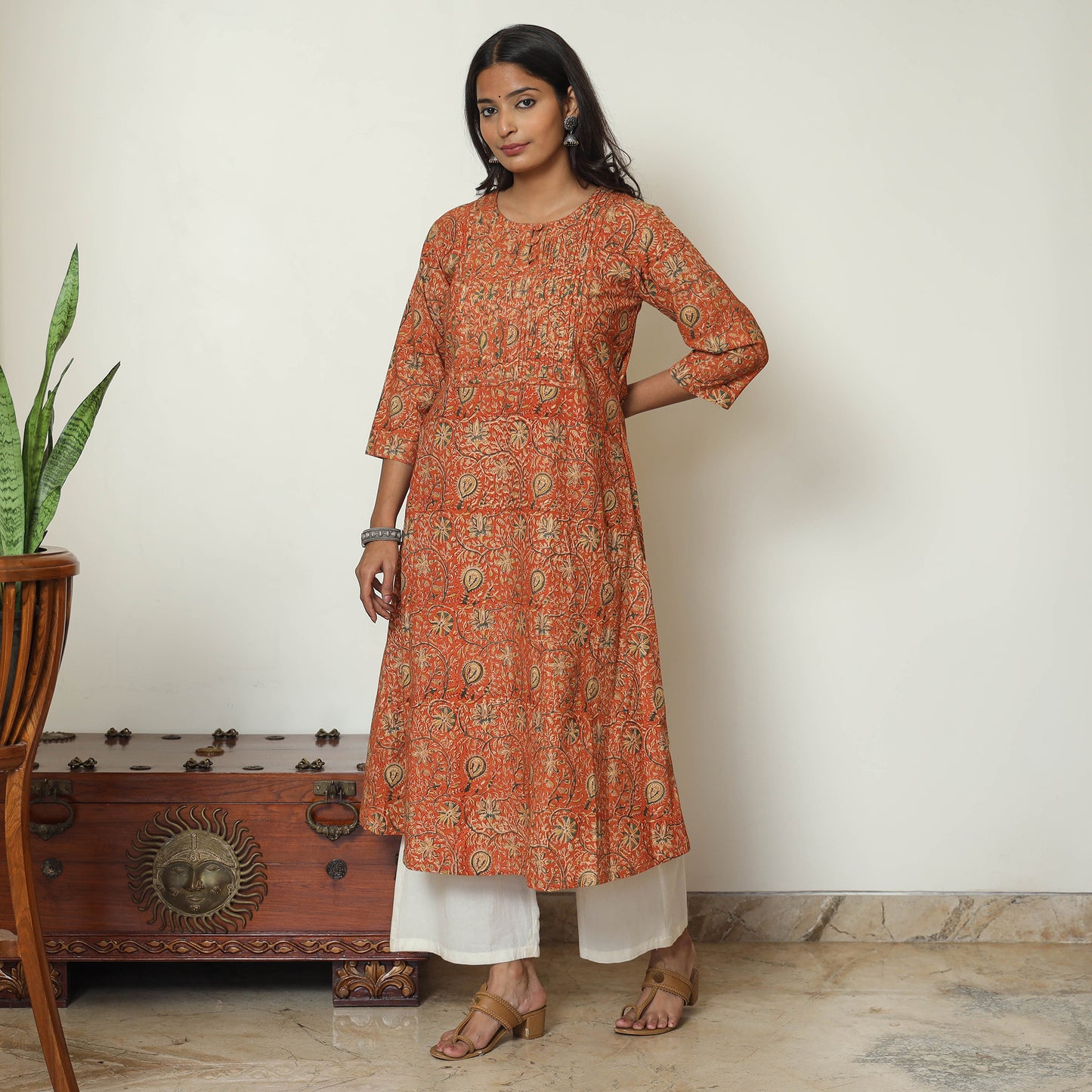 Orange - Pedana Kalamkari Hand Block Printed Cotton Pintuck A-Line Kurta 53