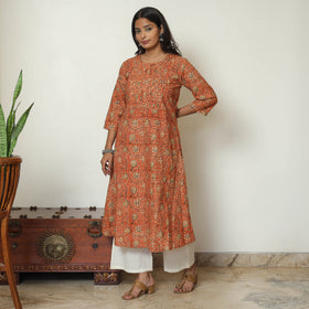 Orange - Pedana Kalamkari Hand Block Printed Cotton Pintuck A-Line Kurta 53