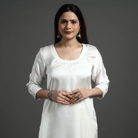 Buy Navy Blue Modal Silk Hand Embroidered Long Kurta l iTokri.com