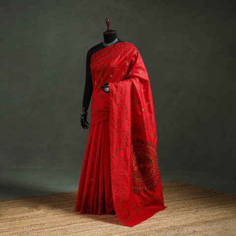 Red - Bengal Nakshi Kantha Hand Embroidered Silk Saree 37