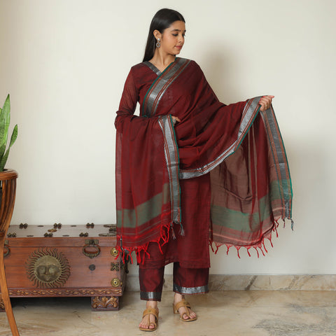 Maroon - Dharwad Cotton Kurta with Palazzo & Dupatta Set 12