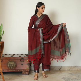 Maroon - Dharwad Cotton Kurta with Palazzo & Dupatta Set 12