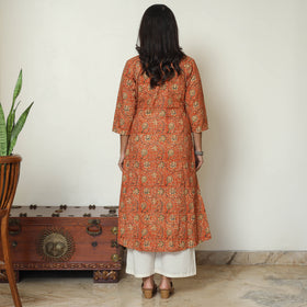 Orange - Pedana Kalamkari Hand Block Printed Cotton Pintuck A-Line Kurta 53
