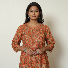 Orange - Pedana Kalamkari Hand Block Printed Cotton Pintuck A-Line Kurta 53