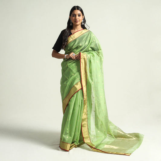 Green - Traditional Chanderi Silk Handloom Saree with Zari Border & Buti