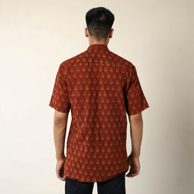 Red - Bagh Hand Block Printed Cotton Men Half Sleeve Shirt 11