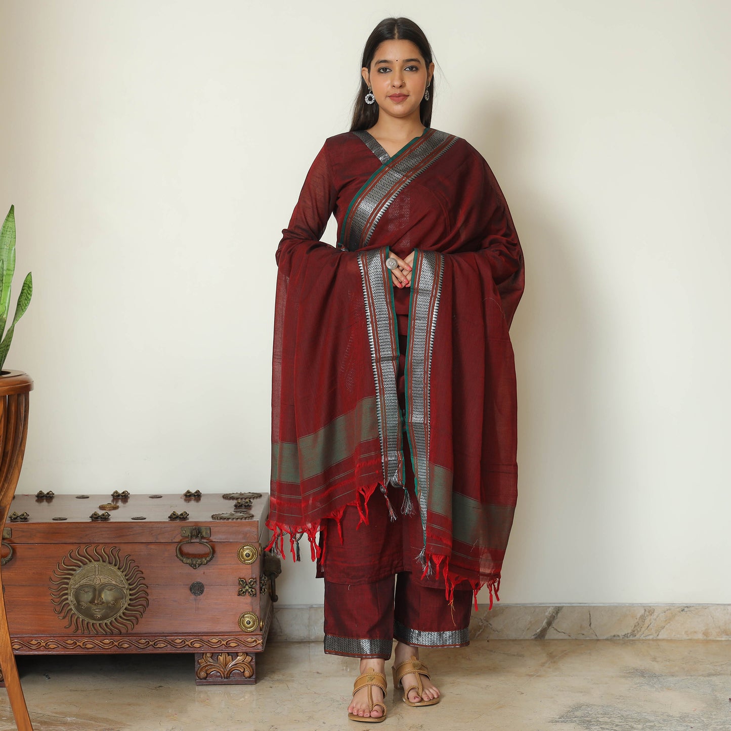 Maroon - Dharwad Cotton Kurta with Palazzo & Dupatta Set 12