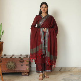 Maroon - Dharwad Cotton Kurta with Palazzo & Dupatta Set 12