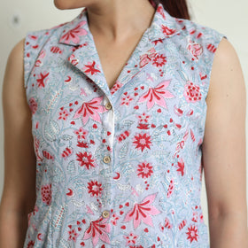 Buy Sanganeri Block Printed Cotton Collared Neck Buttoned Down Dress Online at iTokri.com