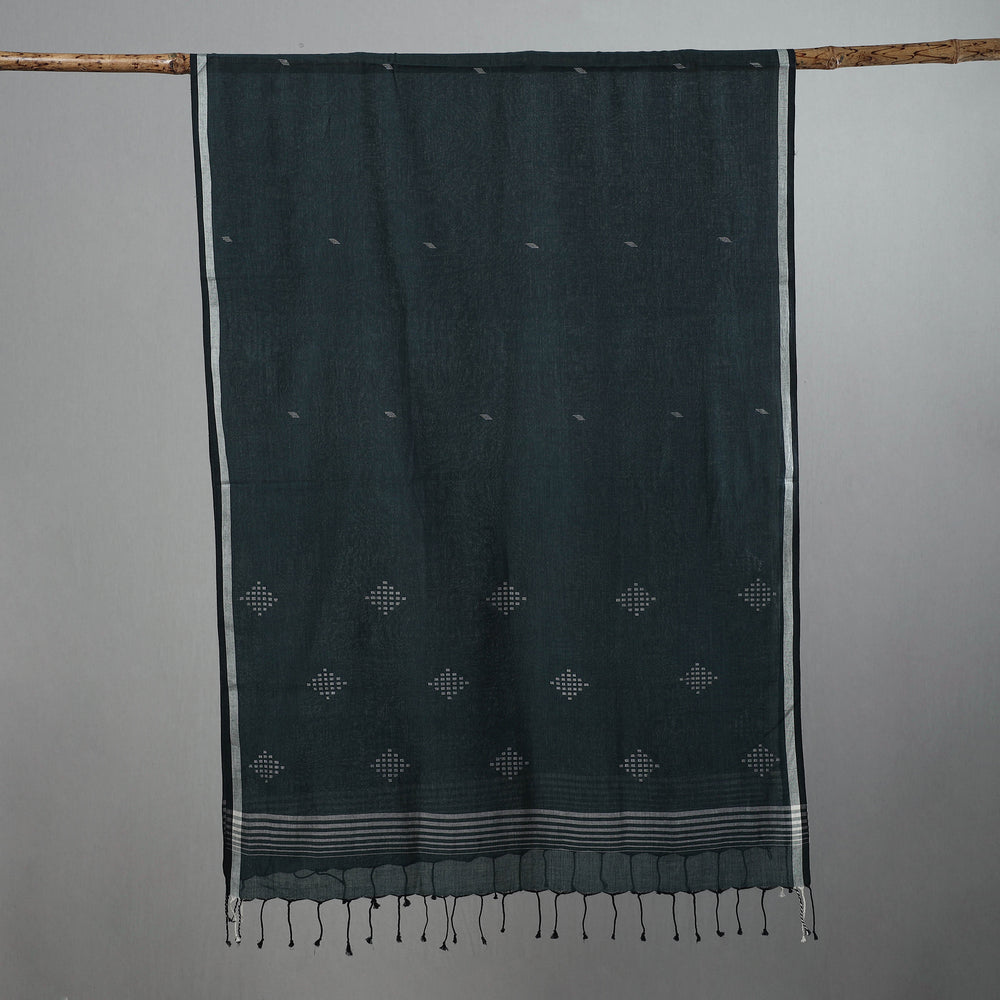 Green - Pure Cotton Phulia Jamdani Handloom Stole with Tassels 03