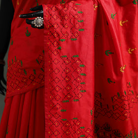 Red - Bengal Nakshi Kantha Hand Embroidered Silk Saree 37