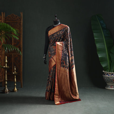Kanjeevaram Pure Handloom Mulberry Silk Handpainted Srikalahasti Pen Kalamkari Saree with Zari Work 16