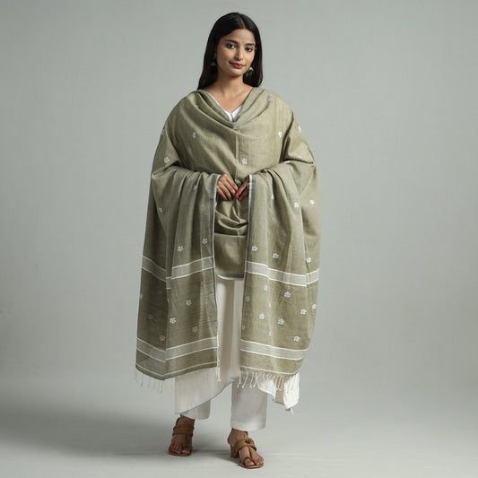Moss Green - Burdwan Jamdani Buti Handloom Cotton Dupatta with Tassels 25