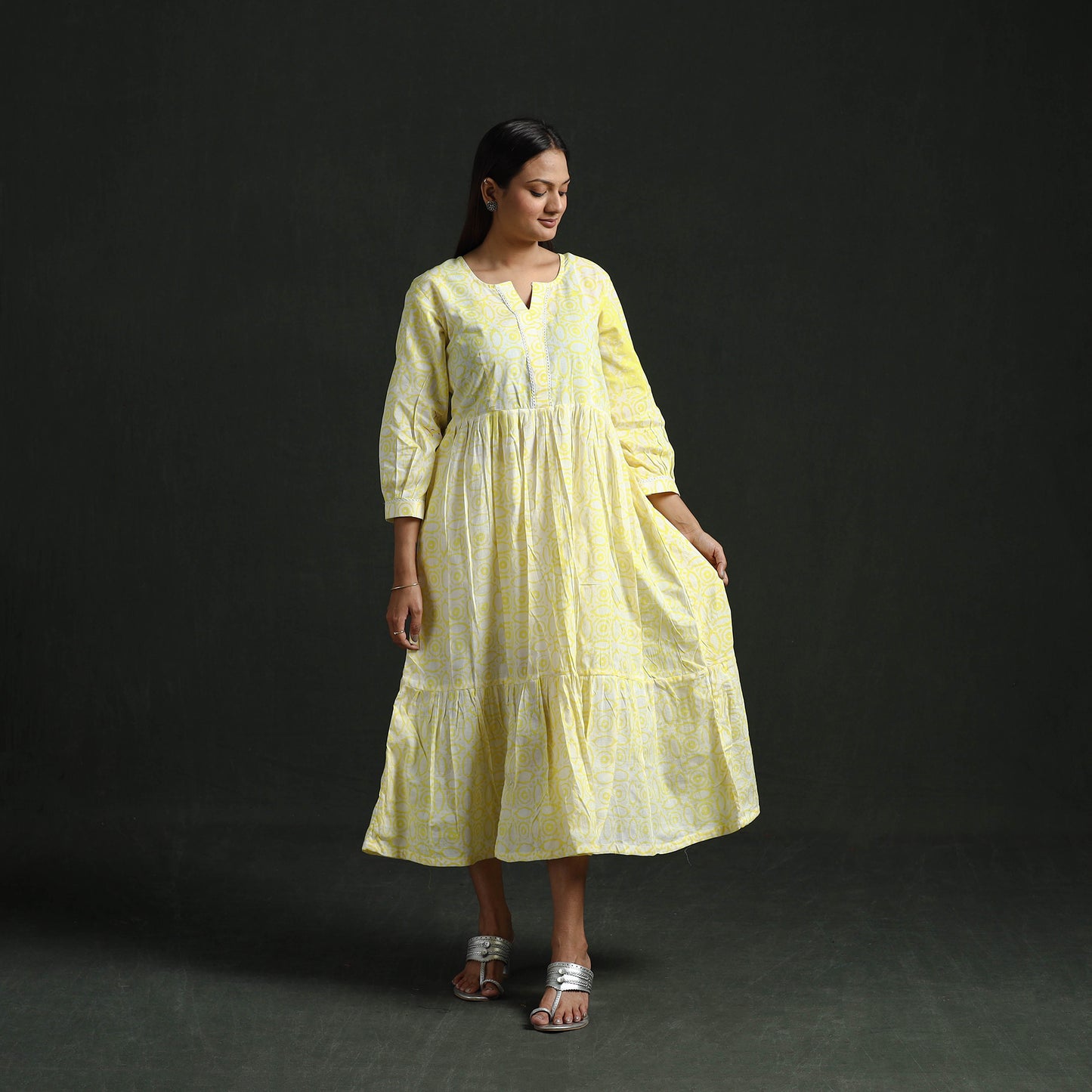 Tiered Flared Lace Work Cotton Hand Block Batik Print Dress 13