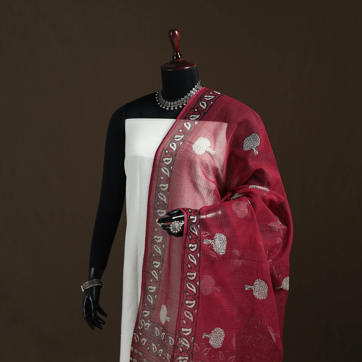 Maroon - Akola Hand Block Print Natural Dyed Kota Doria Cotton Dupatta 26