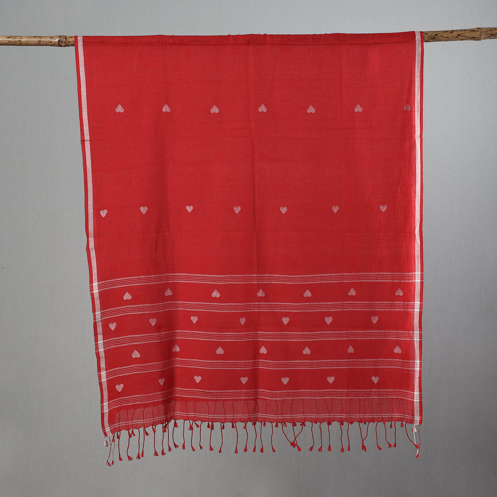 Red - Pure Cotton Phulia Jamdani Handloom Stole with Tassels 04