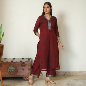 Maroon - Dharwad Cotton Kurta with Palazzo & Dupatta Set 12