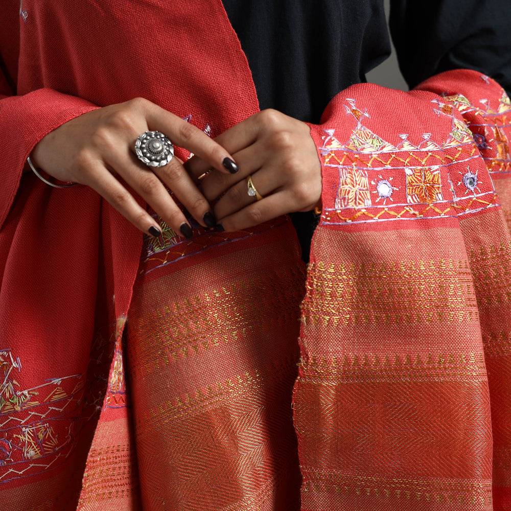 Red - Kutch Neran Hand Embroidery Mirror Work Woollen Shawl 62