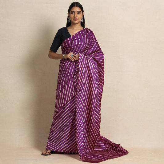 Purple - Leheriya Tie-Dye Tussar Silk Handloom Saree