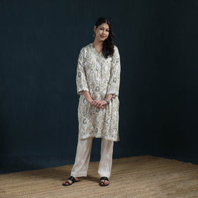 White - Hand Embroidered Printed Cotton Chikankari Kurta with Pant Set for Women 28