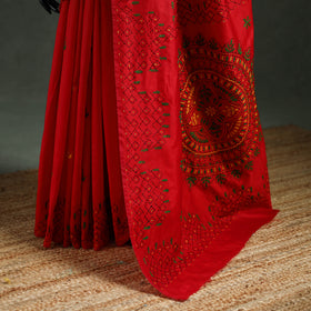Red - Bengal Nakshi Kantha Hand Embroidered Silk Saree 37