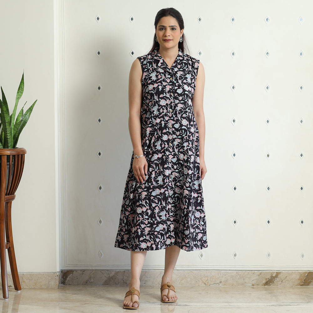 Black - Sanganeri Block Printed Cotton Collared Neck Buttoned Down Dress