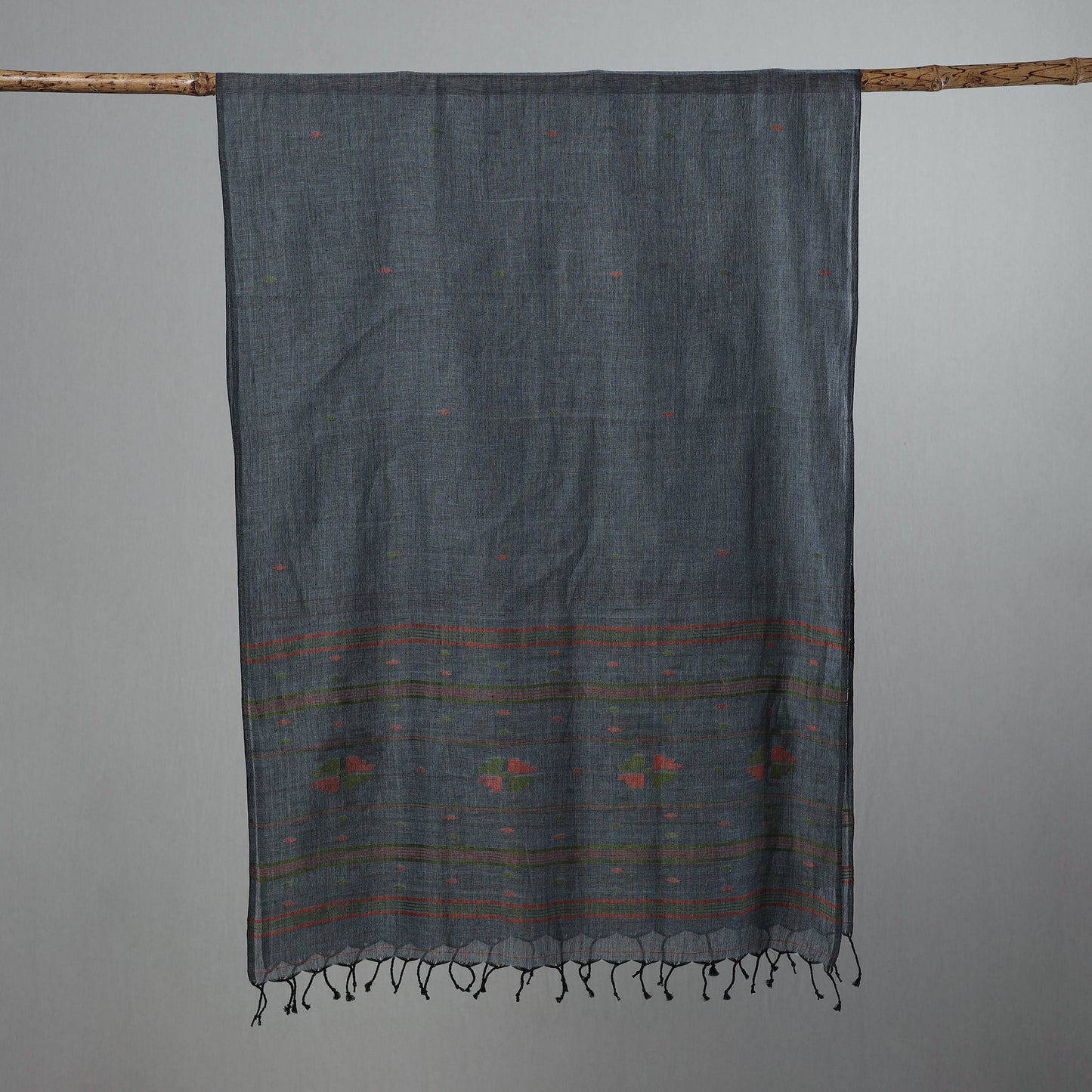 Grey - Pure Cotton Phulia Jamdani Handloom Stole with Tassels 05