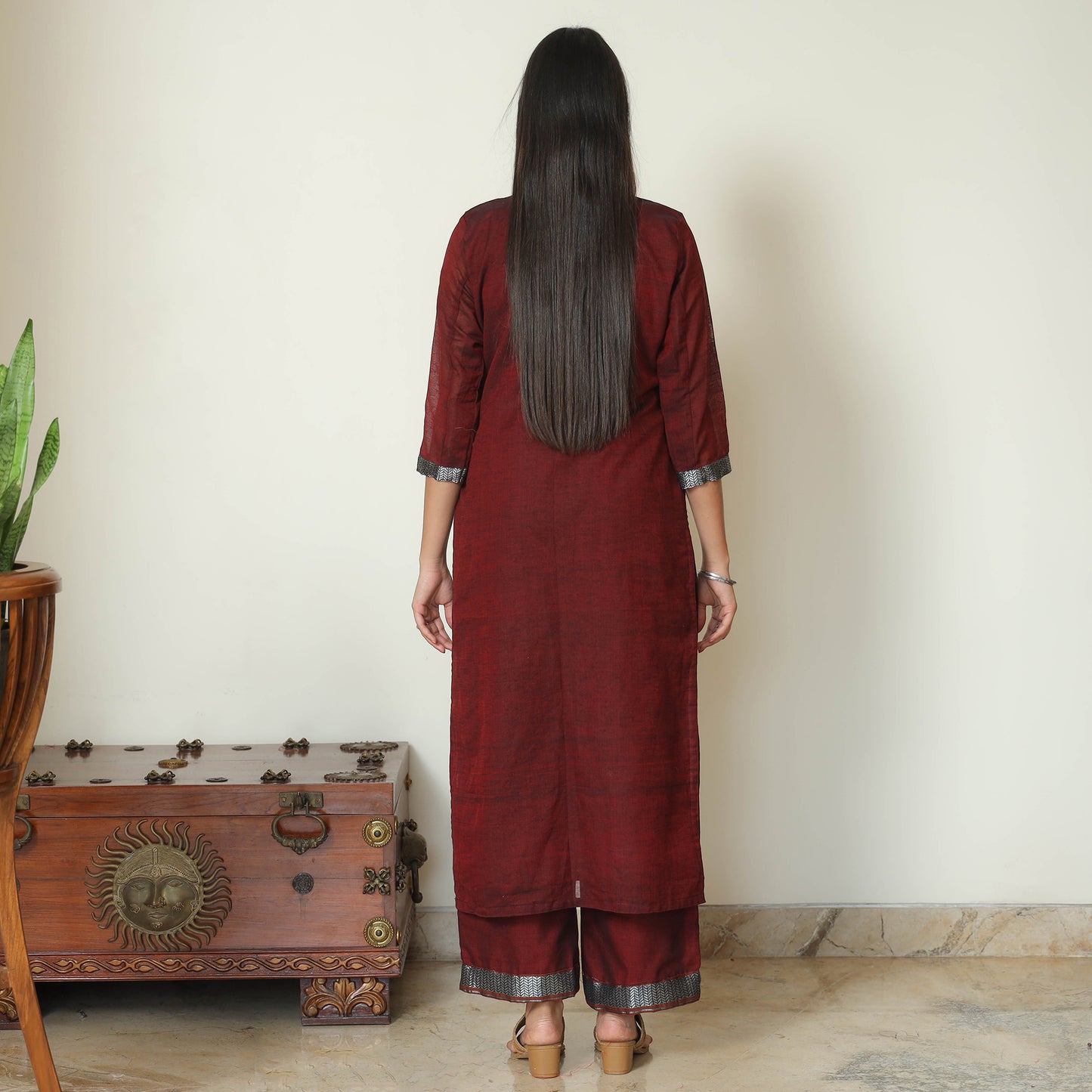 Maroon - Dharwad Cotton Kurta with Palazzo & Dupatta Set 12
