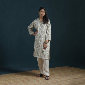 White - Hand Embroidered Printed Cotton Chikankari Kurta with Pant Set for Women 28