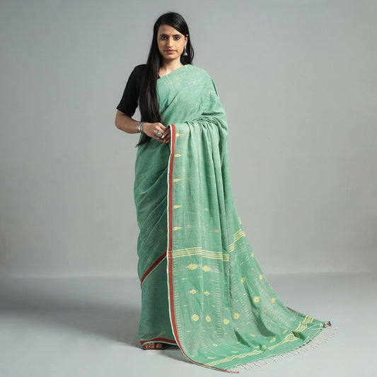 Green - Phulia Jamdani Handloom Cotton Saree with Tassels