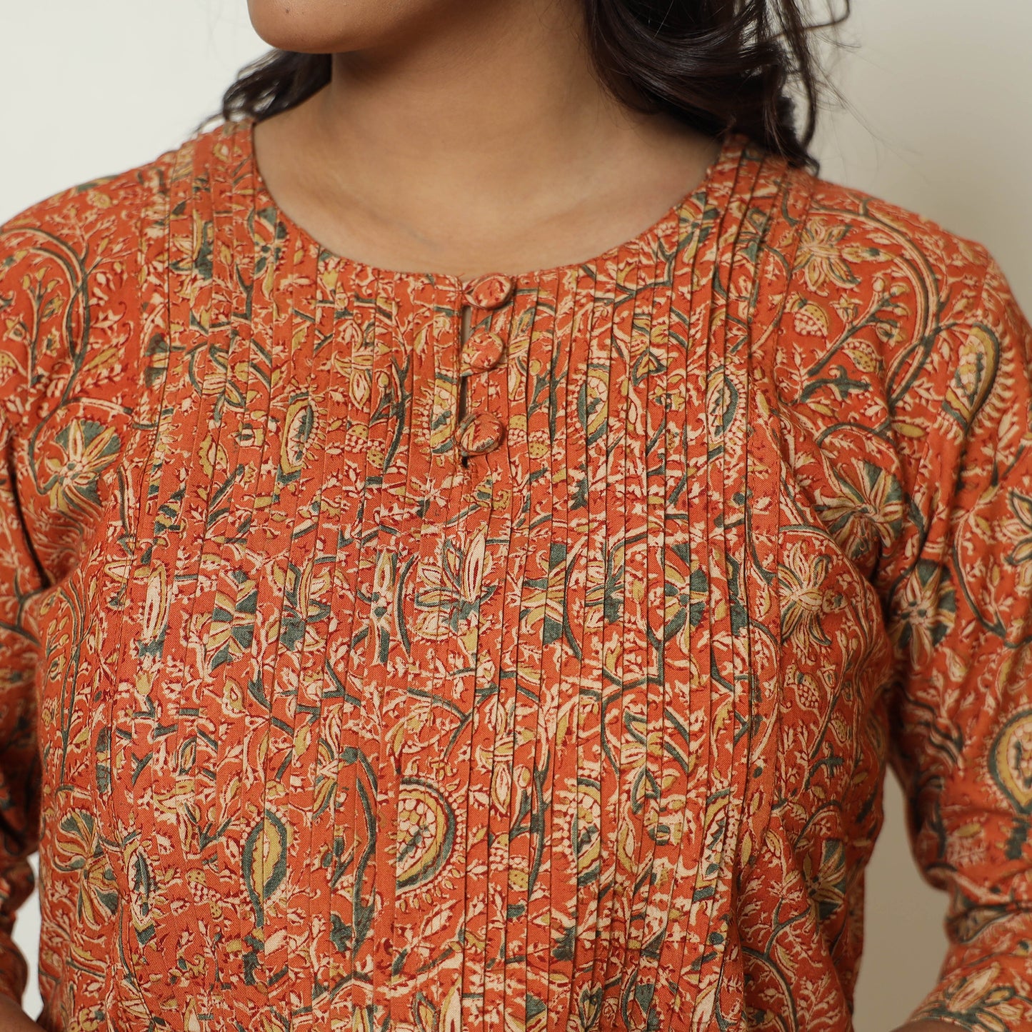 Orange - Pedana Kalamkari Hand Block Printed Cotton Pintuck A-Line Kurta 53
