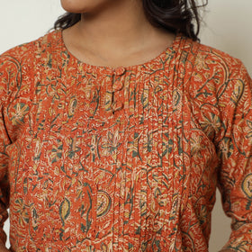 Orange - Pedana Kalamkari Hand Block Printed Cotton Pintuck A-Line Kurta 53
