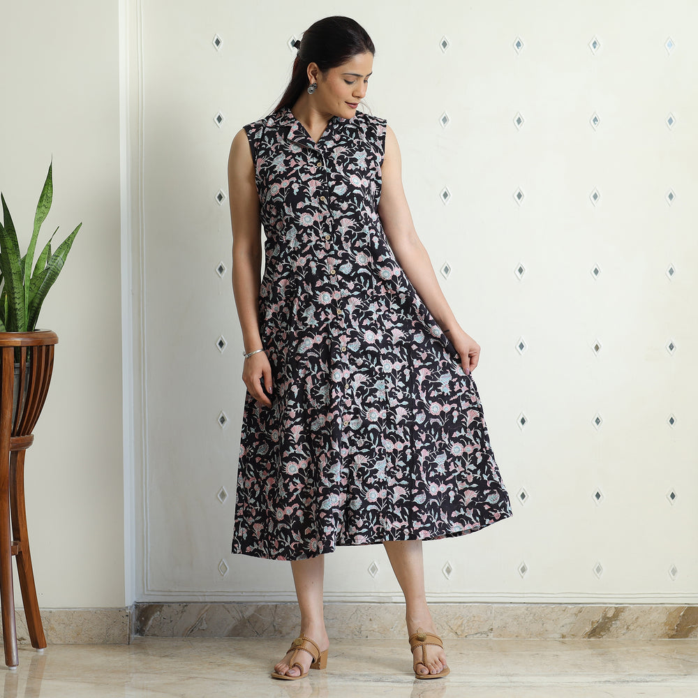 Black - Sanganeri Block Printed Cotton Collared Neck Buttoned Down Dress