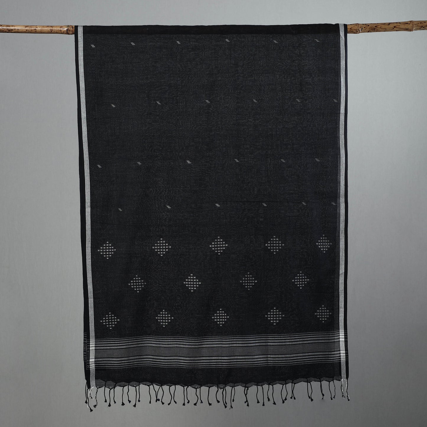 Black - Pure Cotton Phulia Jamdani Handloom Stole with Tassels 06