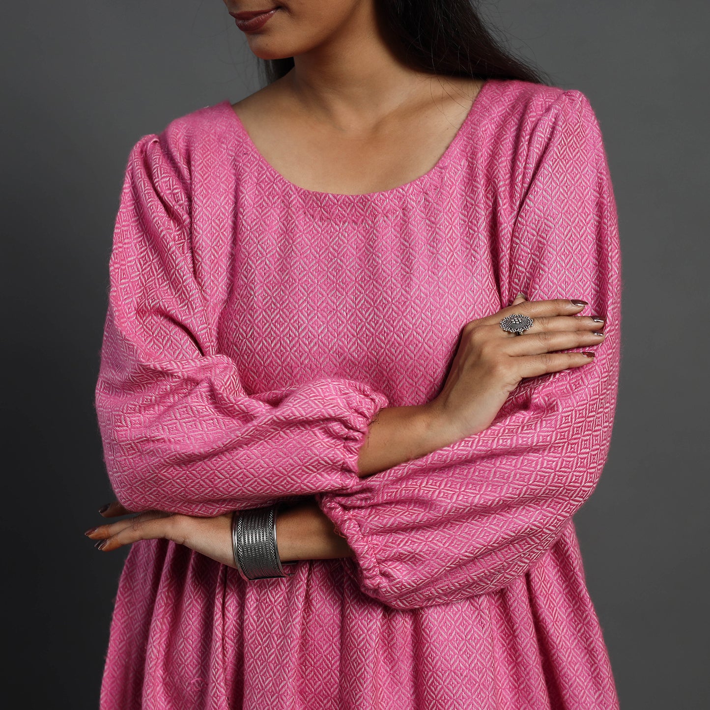 Mehak Rose Pink Plain Flared Woolen Dress 02