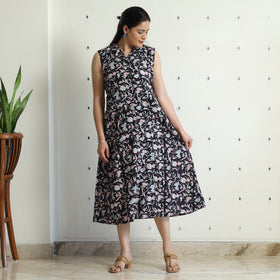  Sanganeri Block Printed Cotton Collared Neck Buttoned Down Dress 