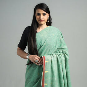 Green - handloom cotton phulia jamdani saree with tassels