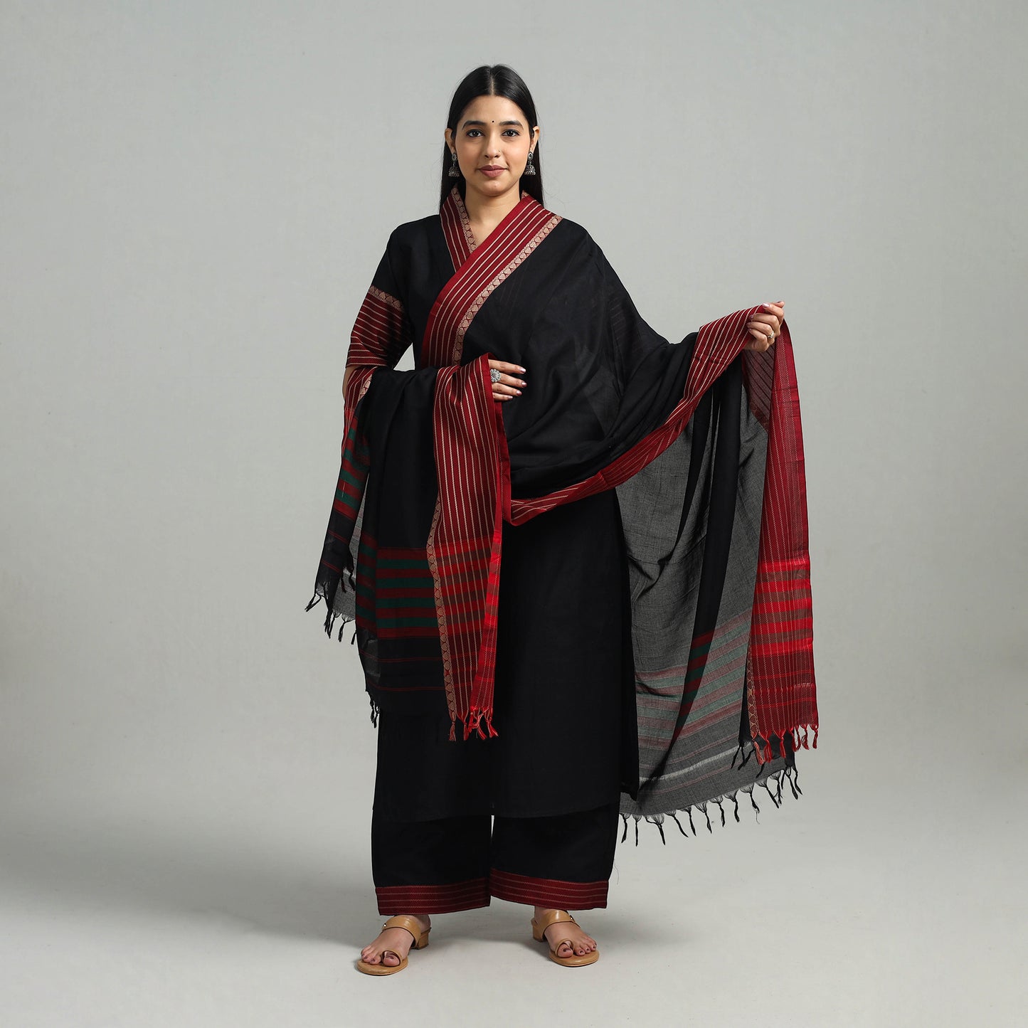 Black - Cotton Dharwad Kurta Set with Palazzo & Dupatta 06