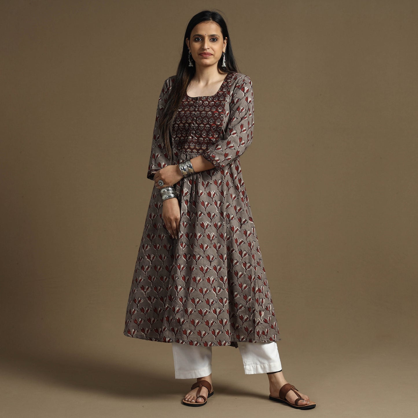 Brown - Bagru Hand Block Printed Cotton A-Line Long Kurta