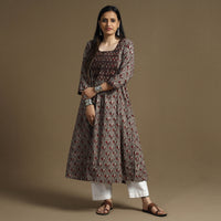 Brown - Bagru Hand Block Printed Cotton A-Line Long Kurta