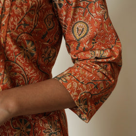 Orange - Pedana Kalamkari Hand Block Printed Cotton Pintuck A-Line Kurta 53