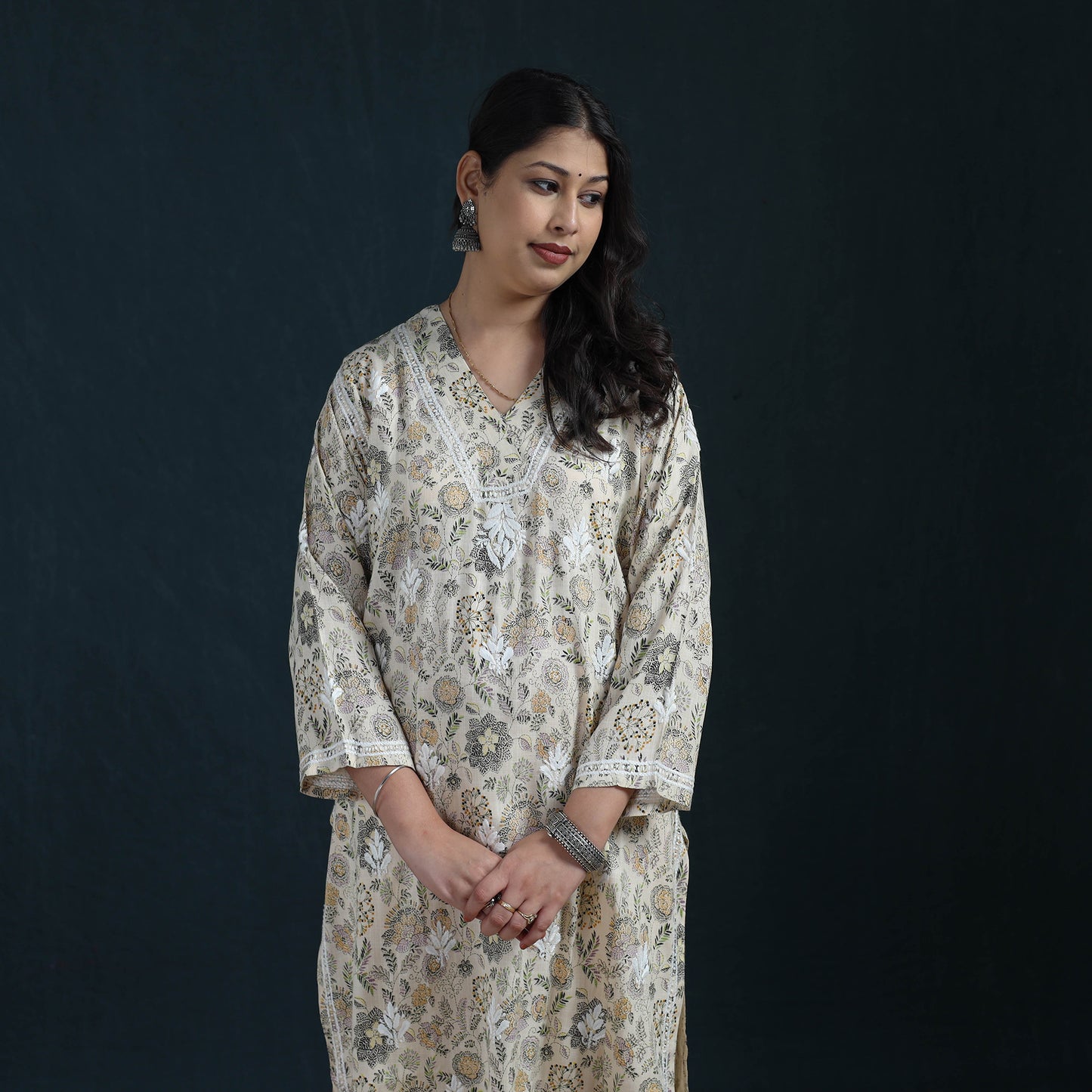 White - Hand Embroidered Printed Cotton Chikankari Kurta with Pant Set for Women 28