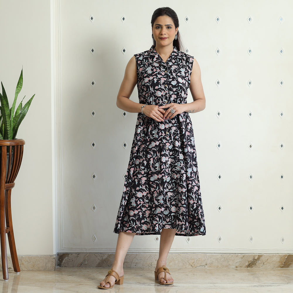 Black - Sanganeri Block Printed Cotton Collared Neck Buttoned Down Dress