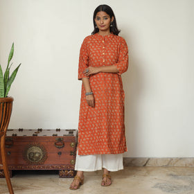 Orange - Pedana Kalamkari Hand Block Printed Cotton Straight Kurta 54