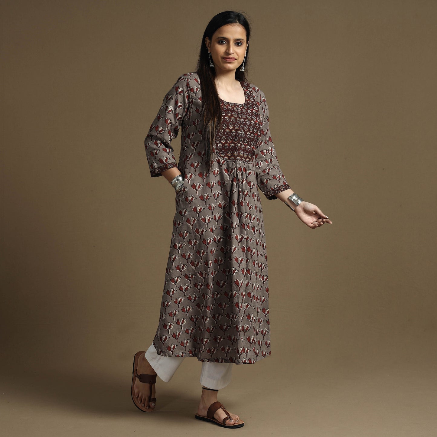 Brown - Bagru Hand Block Printed Cotton A-Line Long Kurta